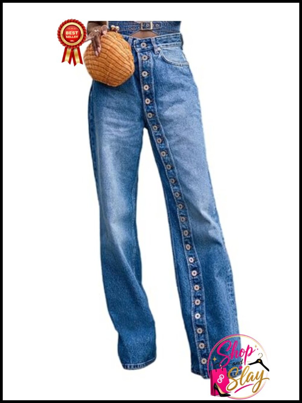 Women's High Waisted Straight Leg Jeans Button Down Boyfriend Denim Pants